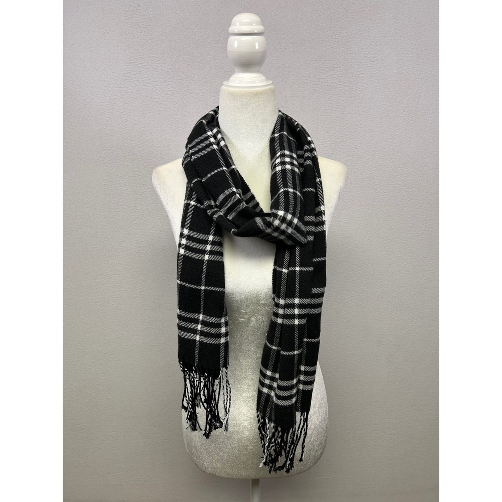 Preppy Dark Academia Unisex OS Black White Plaid Fringed Scarf Shawl